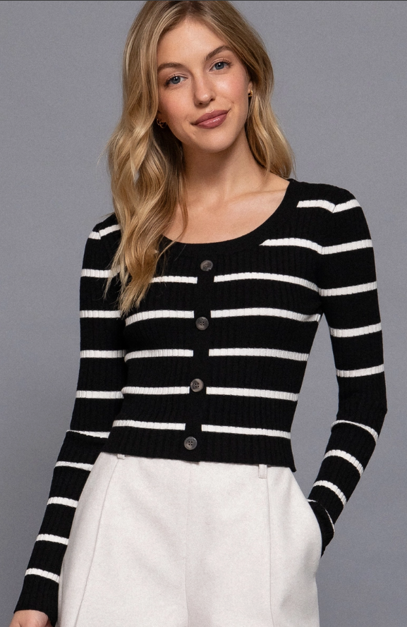 Classic Black & Ivory Striped Button Cardigan