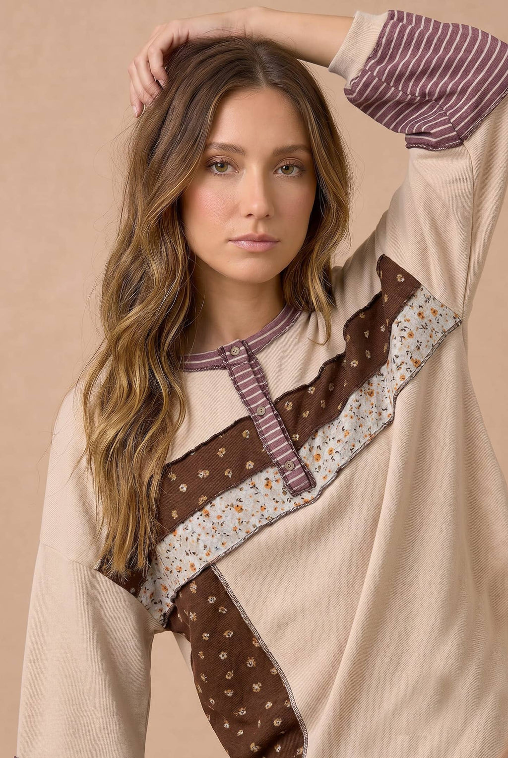 Floral & Stripe Color Block Oversized Henley Top | S–3X