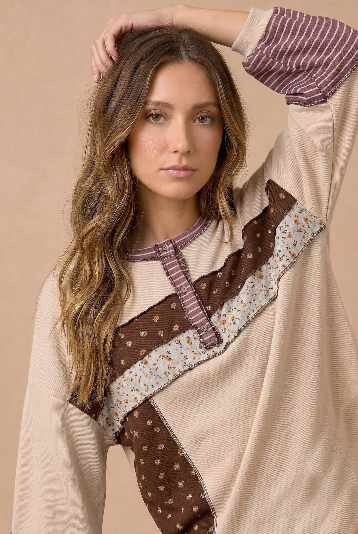Floral & Stripe Color Block Oversized Henley Top | S–3X