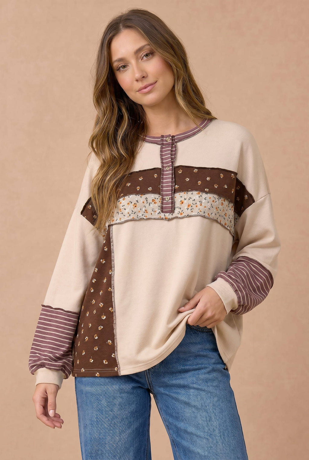 Floral & Stripe Color Block Oversized Henley Top | S–3X