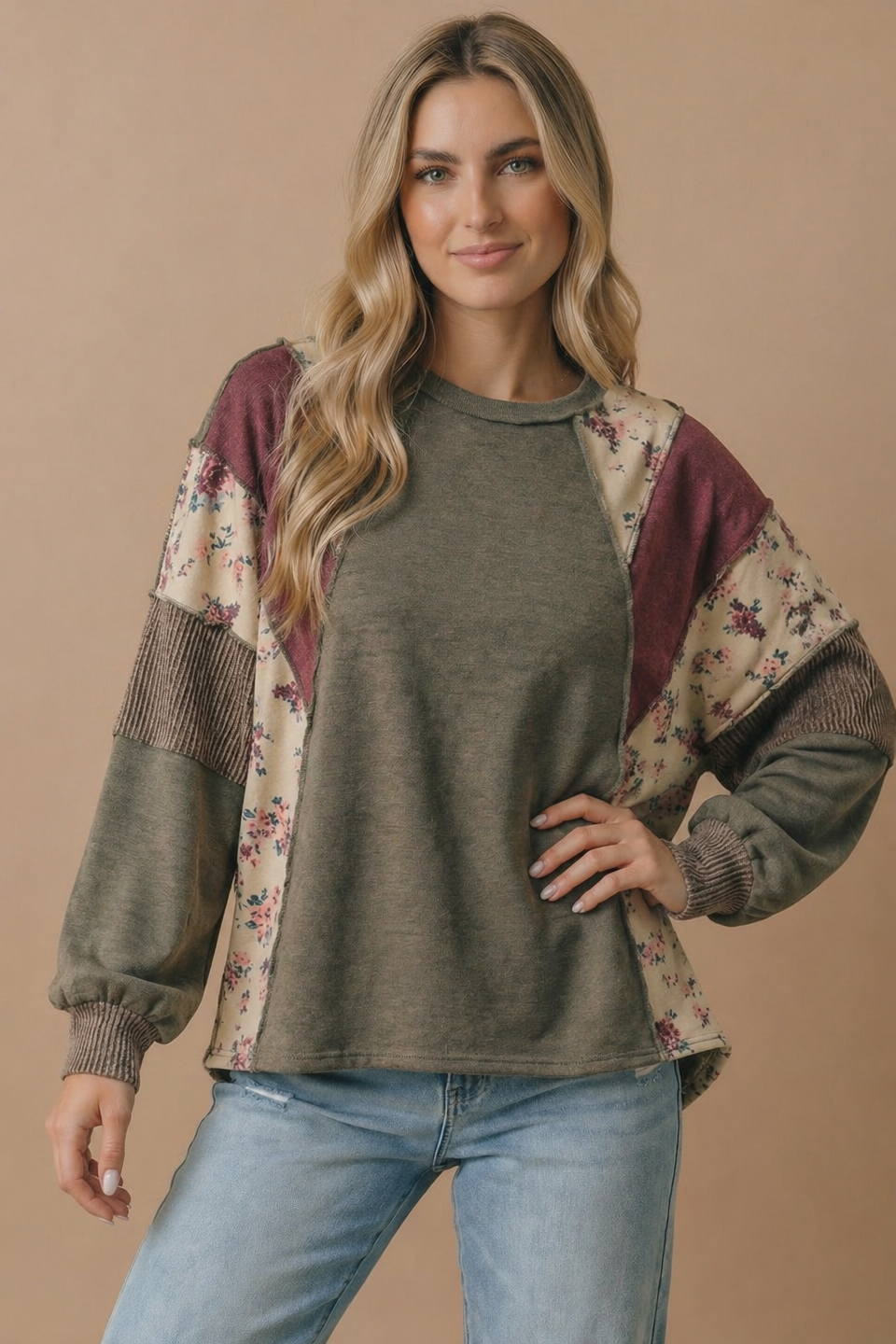 Haptics Mixed Media Floral Patchwork Pullover Top