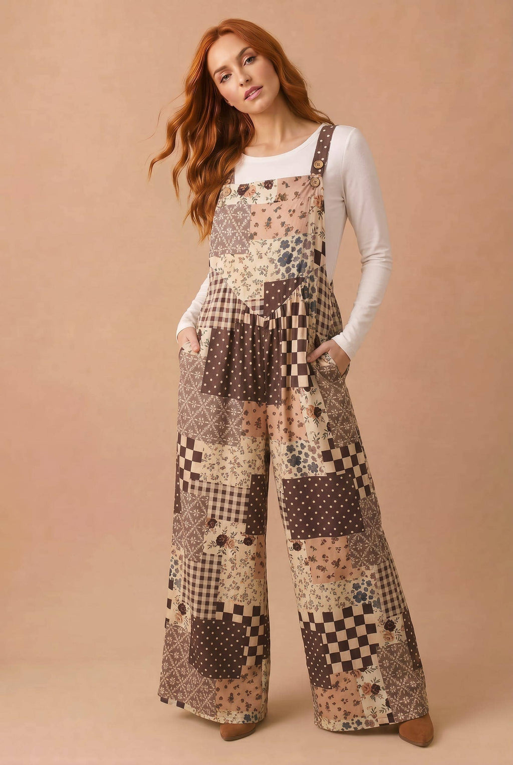 Haptics Floral Patchwork Wide Leg Overalls