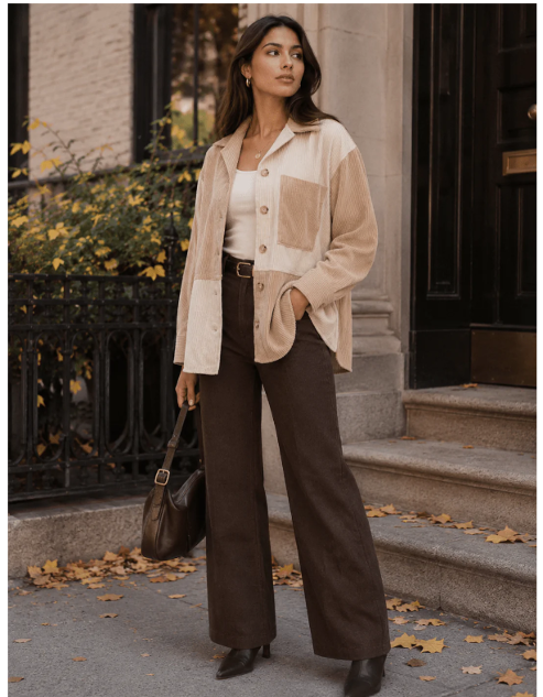Taupe Colorblock Corduroy Button-Up Shacket