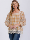 Easel Plaid Crochet Trim Blouse