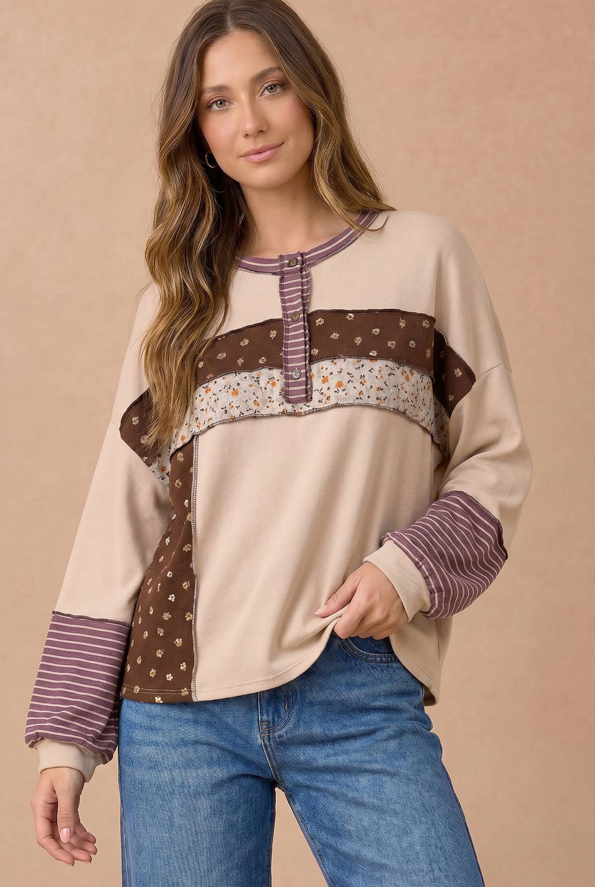 Floral & Stripe Color Block Oversized Henley Top | S–3X