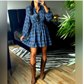 En Crème Blue Plaid Tie-Waist Shirt Dress