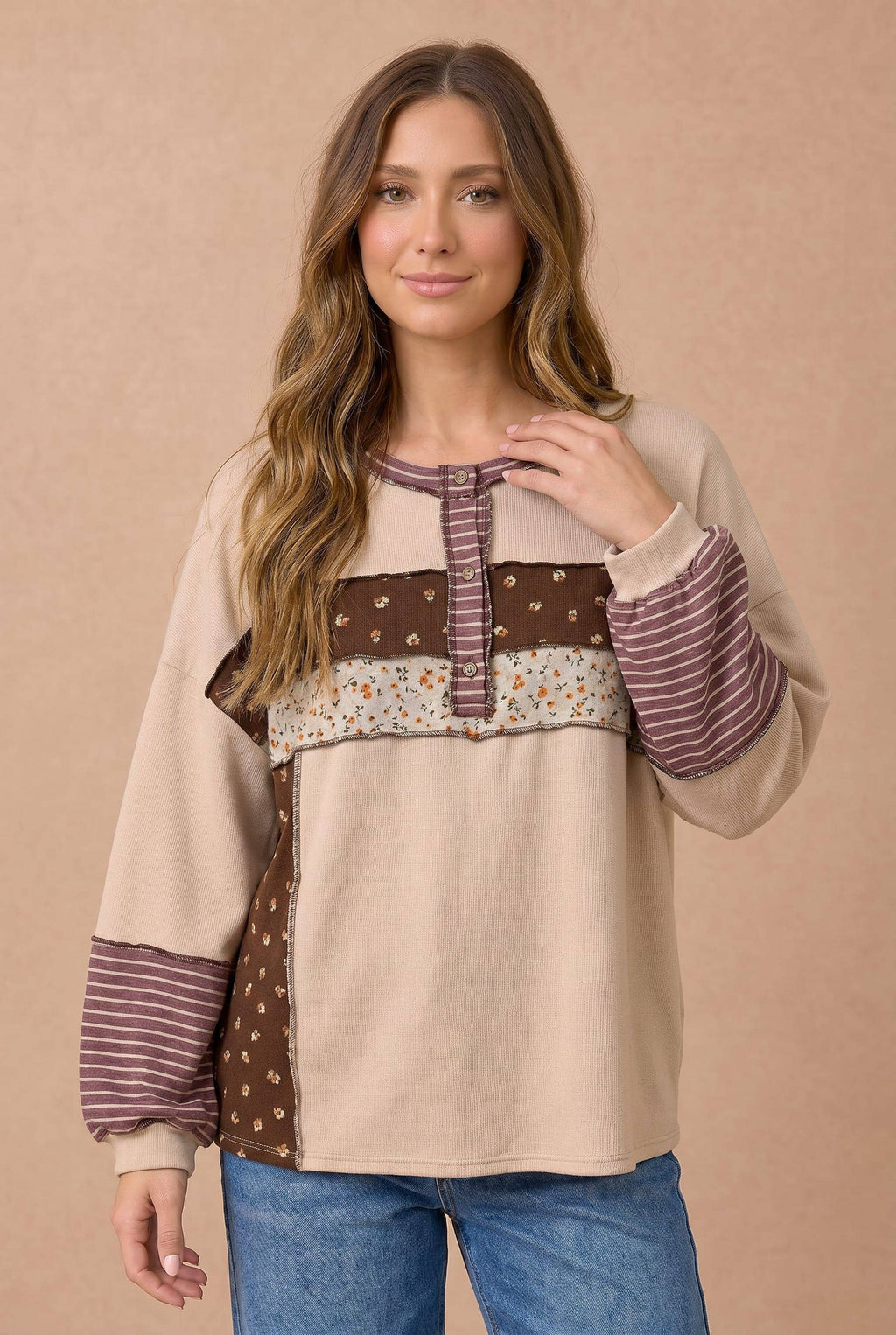 Floral & Stripe Color Block Oversized Henley Top | S–3X