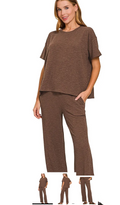 Zenana Slub Knit Short Sleeve & Wide Leg Pants Set