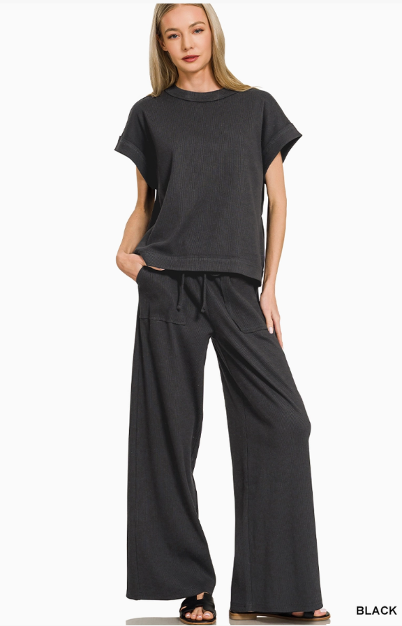 Zenana Slub Knit Short Sleeve & Wide Leg Pants Set