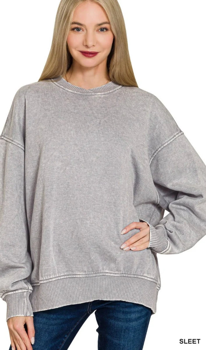 Zenana Exposed Seam Acid Wash French Terry Sweatshirt