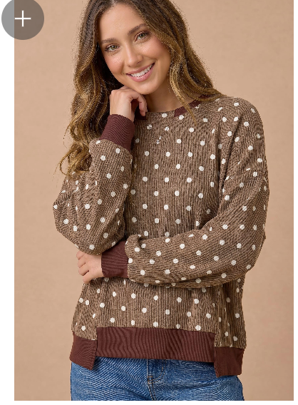 Haptics Polka Dot Rib Knit Pullover Top – Brown