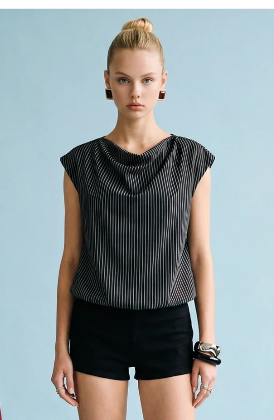 Heyson Harper Pinstripe Cowl Neck Top – Black/Ivory