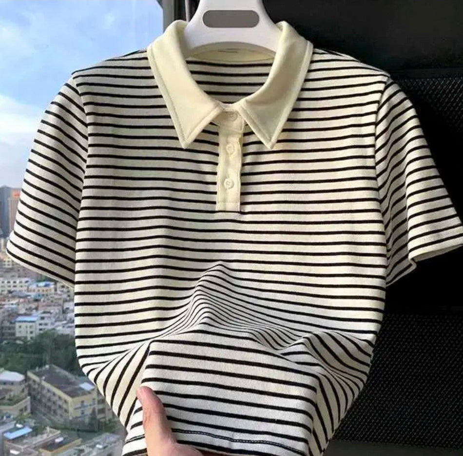Heyson Striped Knit Short Sleeve Polo Top – Ivory/Black