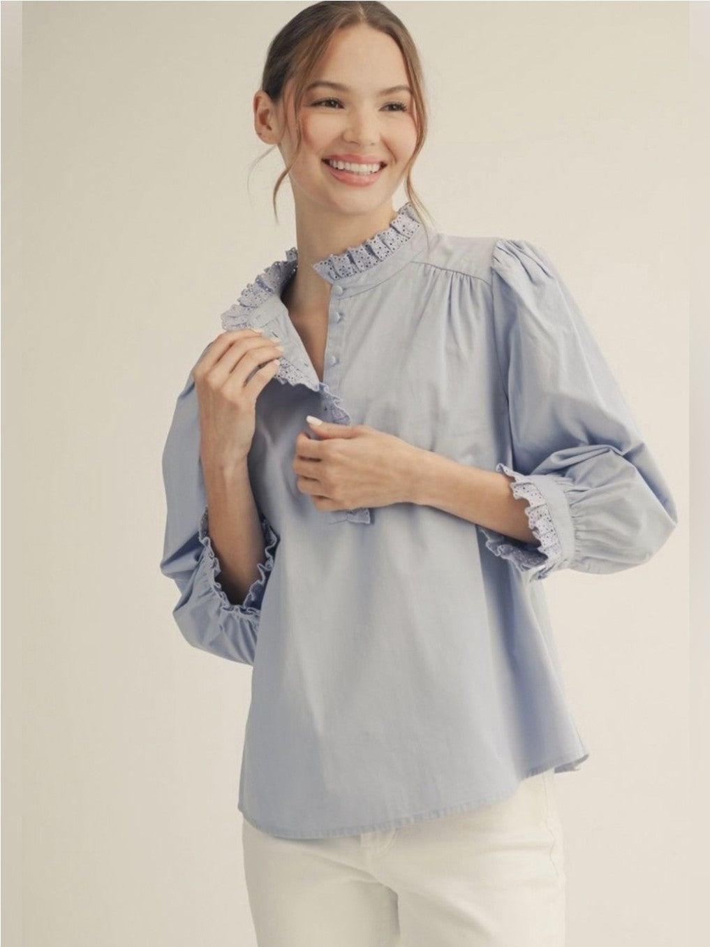 Jodifl Eyelet Ruffle 3/4 Sleeve Blouse – Light Blue