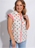 Jodifl Cherry Print Contrast Stripe Button-Down Top – Ivory/Red
