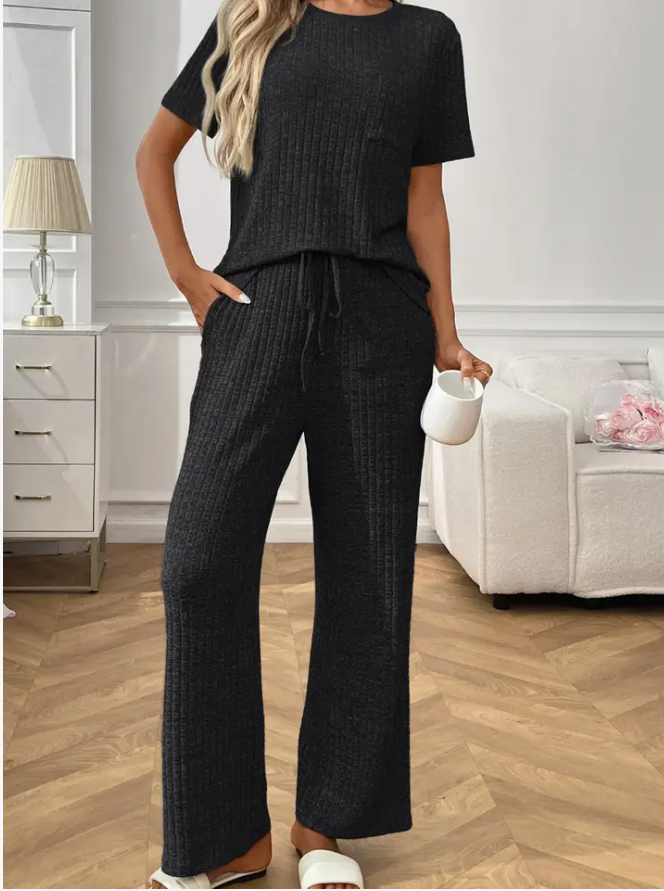 Black Ribbed Knit Wide Leg Lounge Set