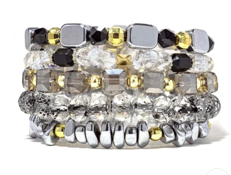 Erimish Moonstone 5-Piece Bracelet Stack – Silver, Black & Gold