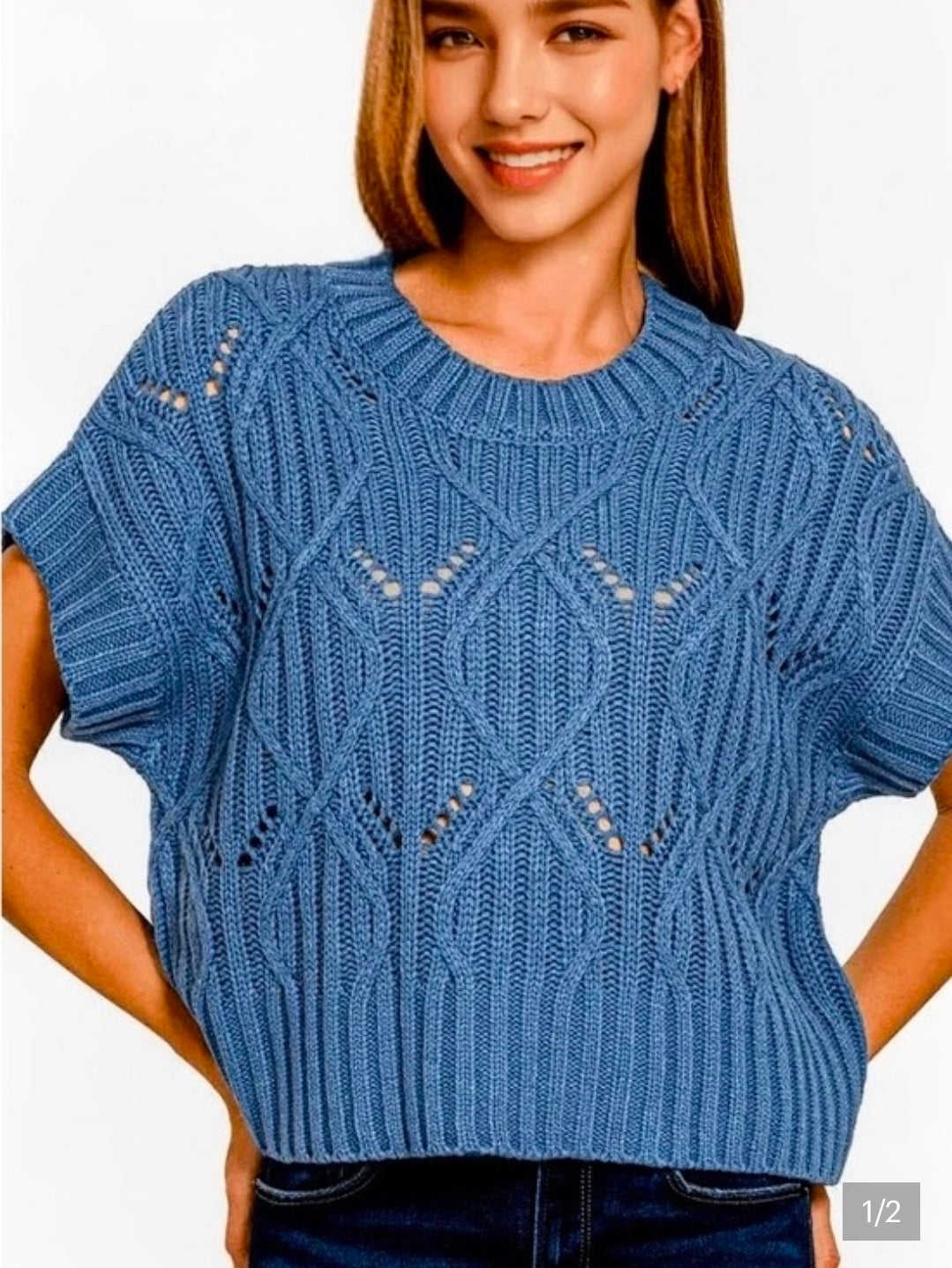 Zenana Cable Knit Pointelle Short Sleeve Sweater