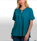Zenana Washed Cotton Raw Edge Henley Top – Teal