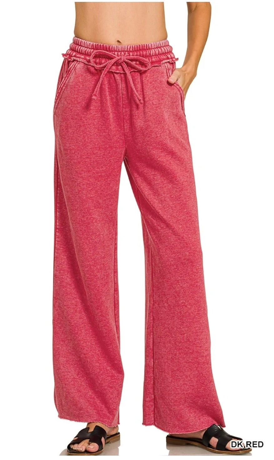 Zenana Acid Wash Fleece Palazzo Sweatpants – Dark Red