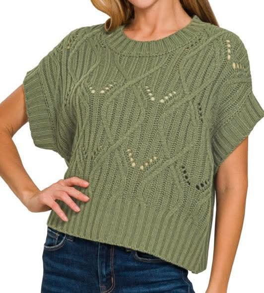 Zenana Cable Knit Pointelle Short Sleeve Sweater