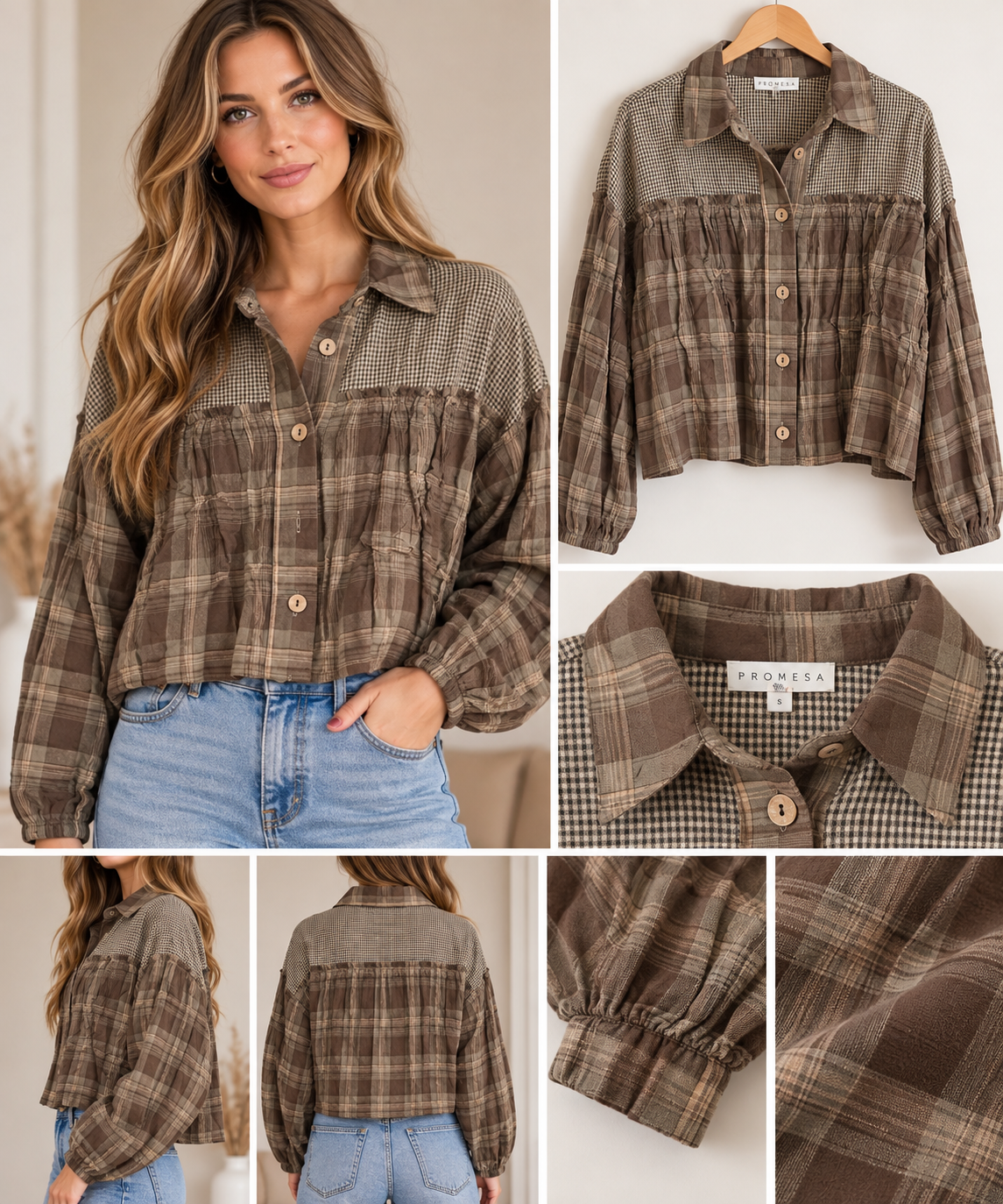 Promesa Mixed Plaid Cropped Button-Up Shirt