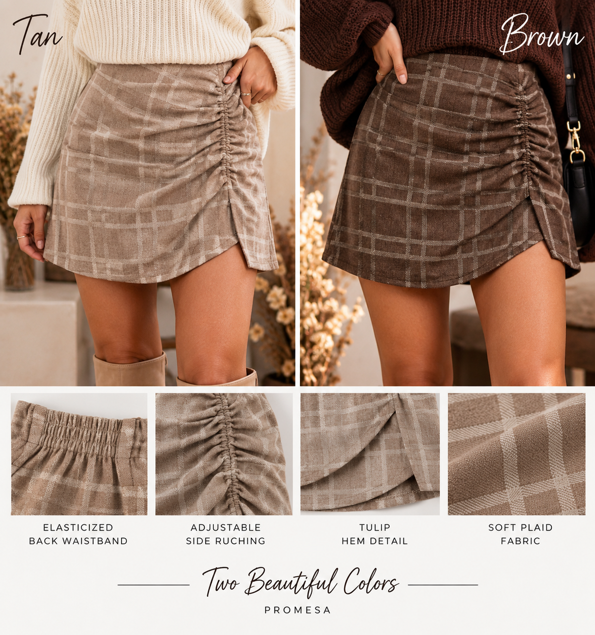 Promesa Plaid Ruched Mini Skirt – Tan & Brown