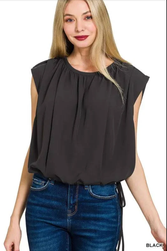 Zenana Drawstring Tie-Side Sleeveless Woven Top