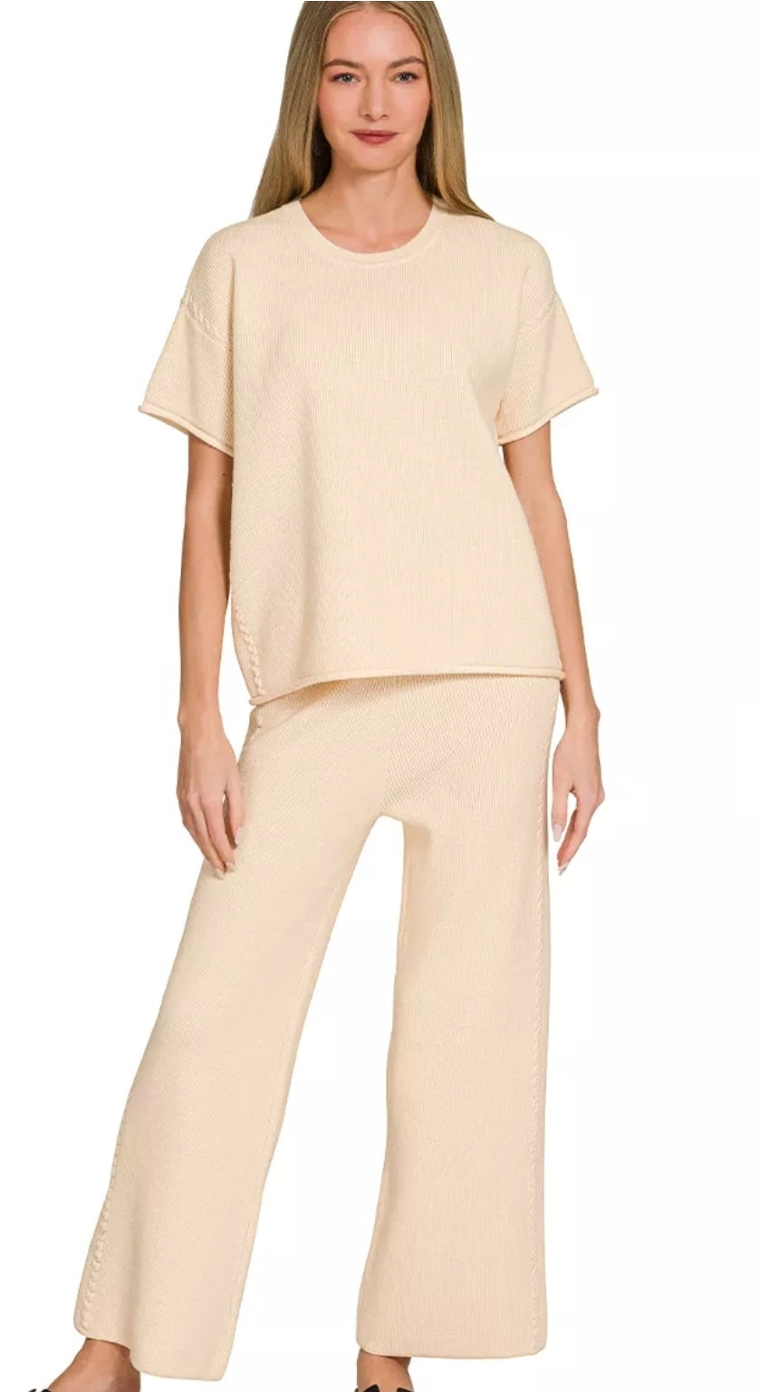 Zenana Cable Detail Short Sleeve Top & Wide Leg Pants Set